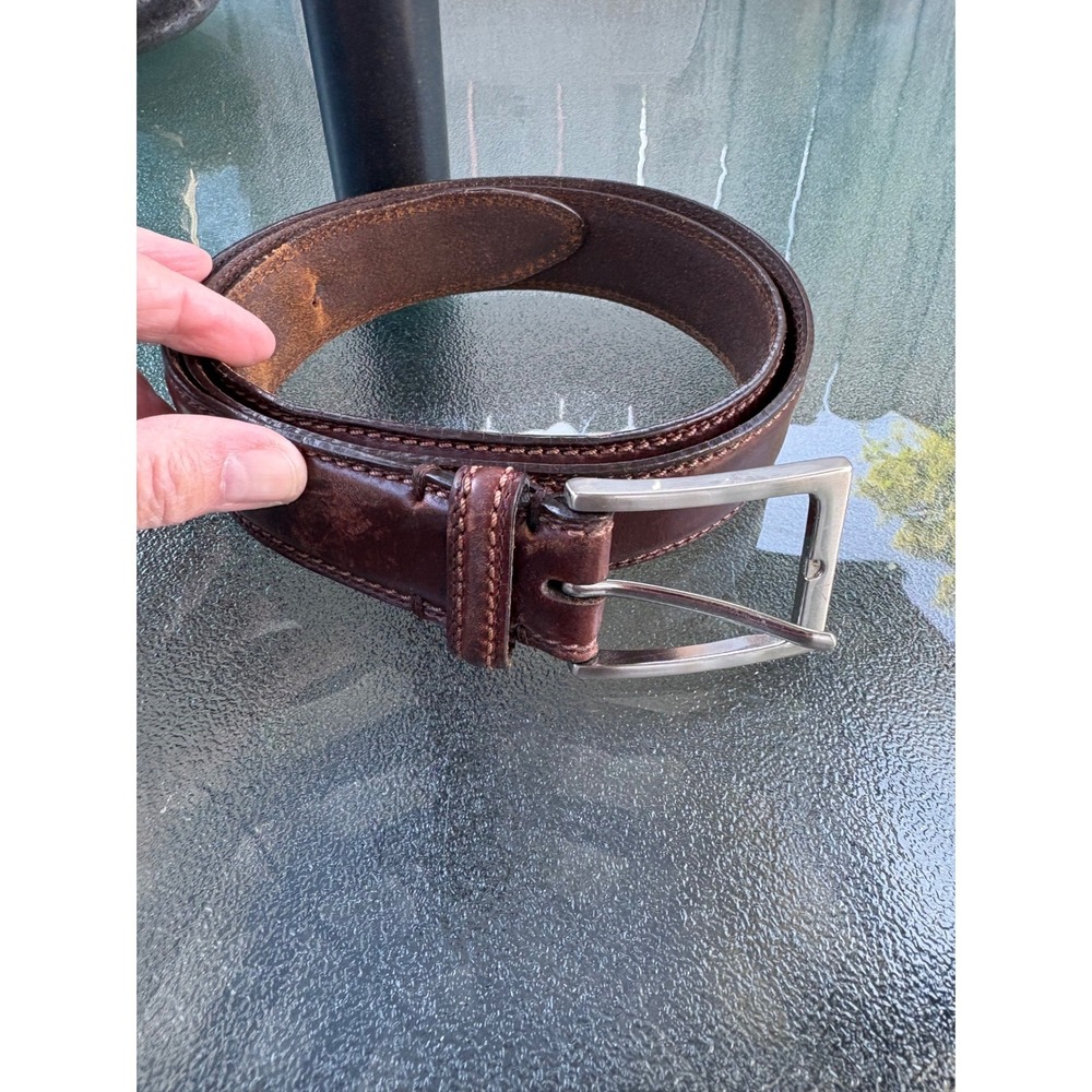 Mens Dark Brown Genuine Leather Belt Silver Buckle Double Stitched Size 30